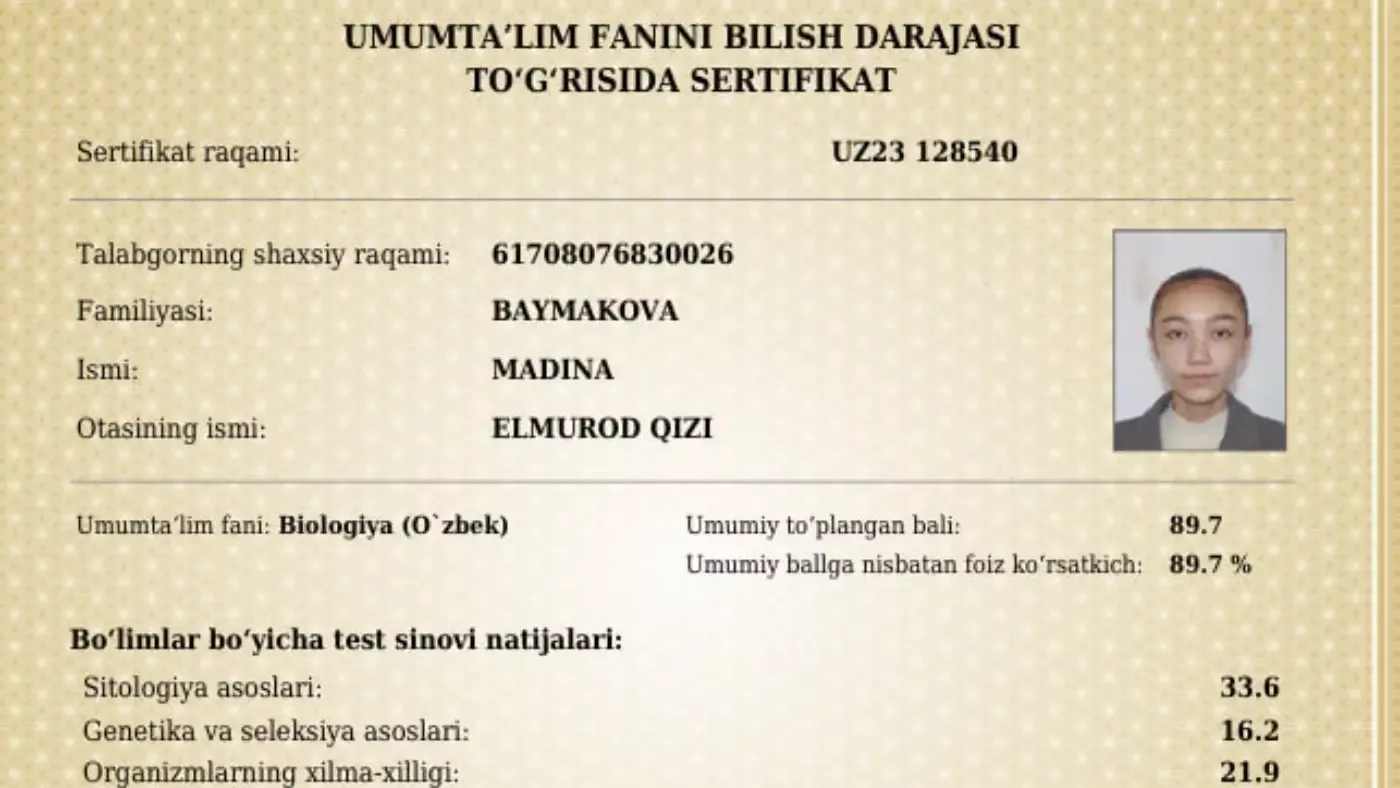 Toshkentlik o‘quvchi qiz tibbiyot yo‘nalishida 189 ball oldi